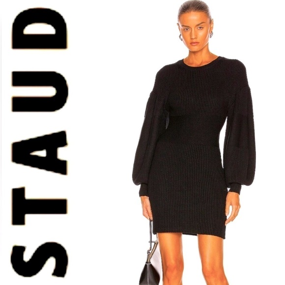 STAUD Dresses & Skirts - STAUD dress Marylebone balloon sleeve ribbed knit mini dress NWT black S $245-